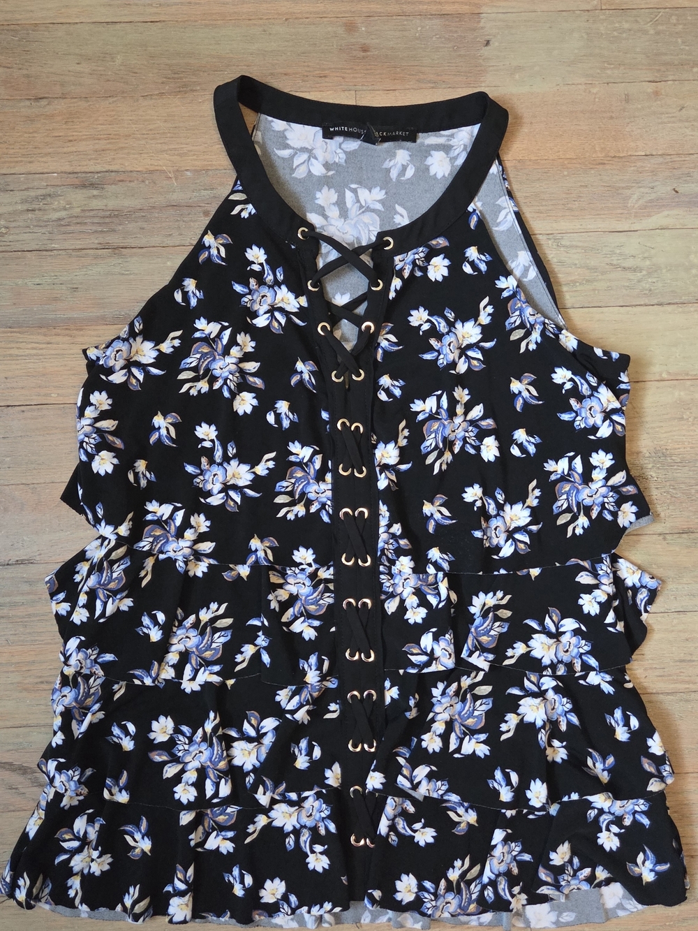 White House Black Market Black Floral Lace-Up Ruffle Tank